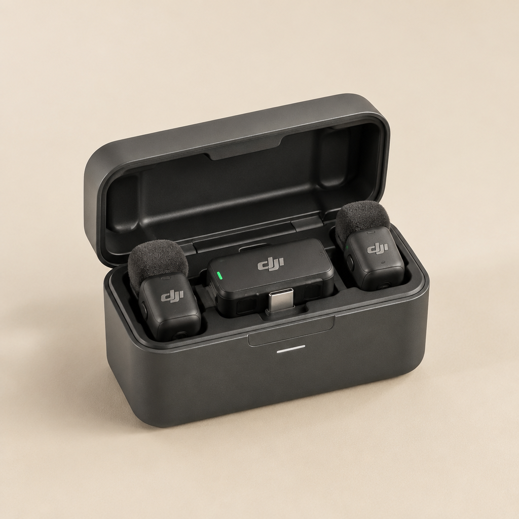 Micrófonos inalámbricos DJI Mic Mini en su estuche de carga sobre fondo crema