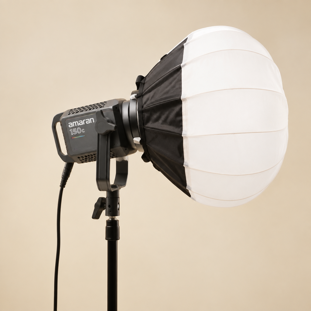 Luz Amaran 150C con difusor tipo linterna sobre fondo crema