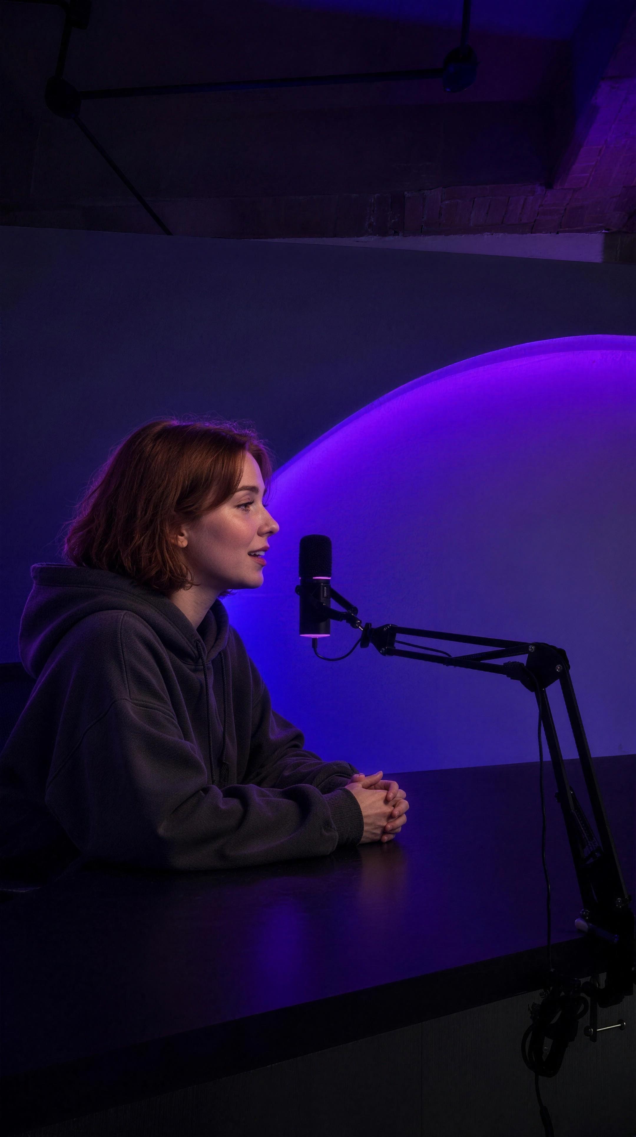 Persona en entrevista frente al micrófono, arco de luz morada en otra configuración