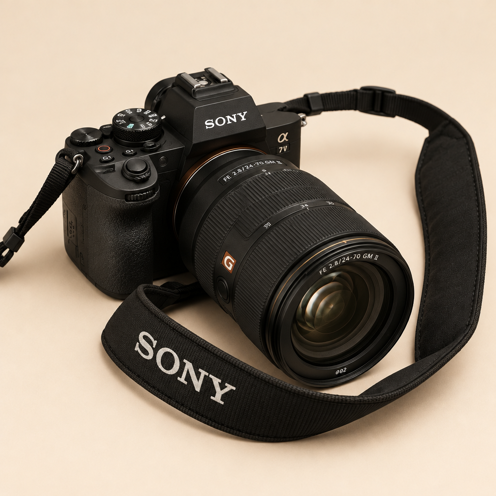 Cámara Sony A7 V con lente Sony FE 24-70mm F2.8 GM II y correa negra sobre fondo beige
