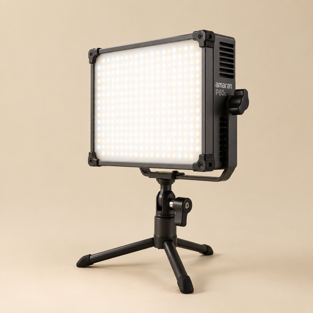 Panel LED Amaran P60 Bi-Color sobre fondo crema