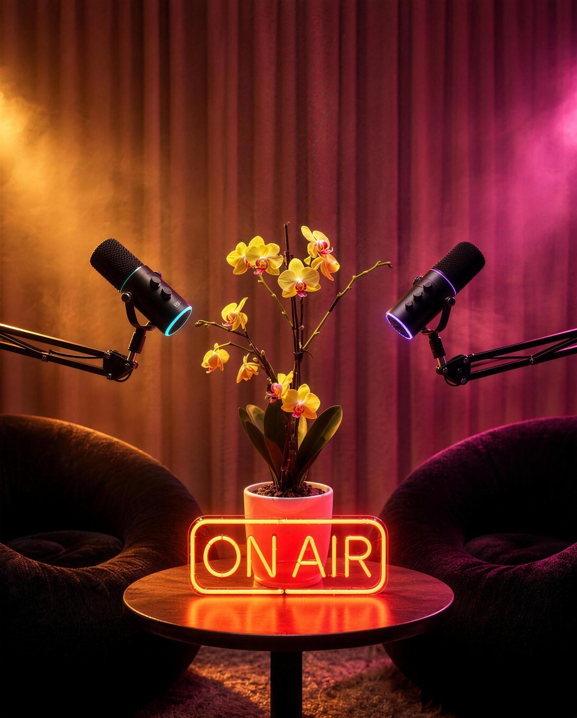 Dos micrófonos de podcast con anillos de luz turquesa y violeta, brazos articulados y letrero ON AIR en un set con cortina rosada