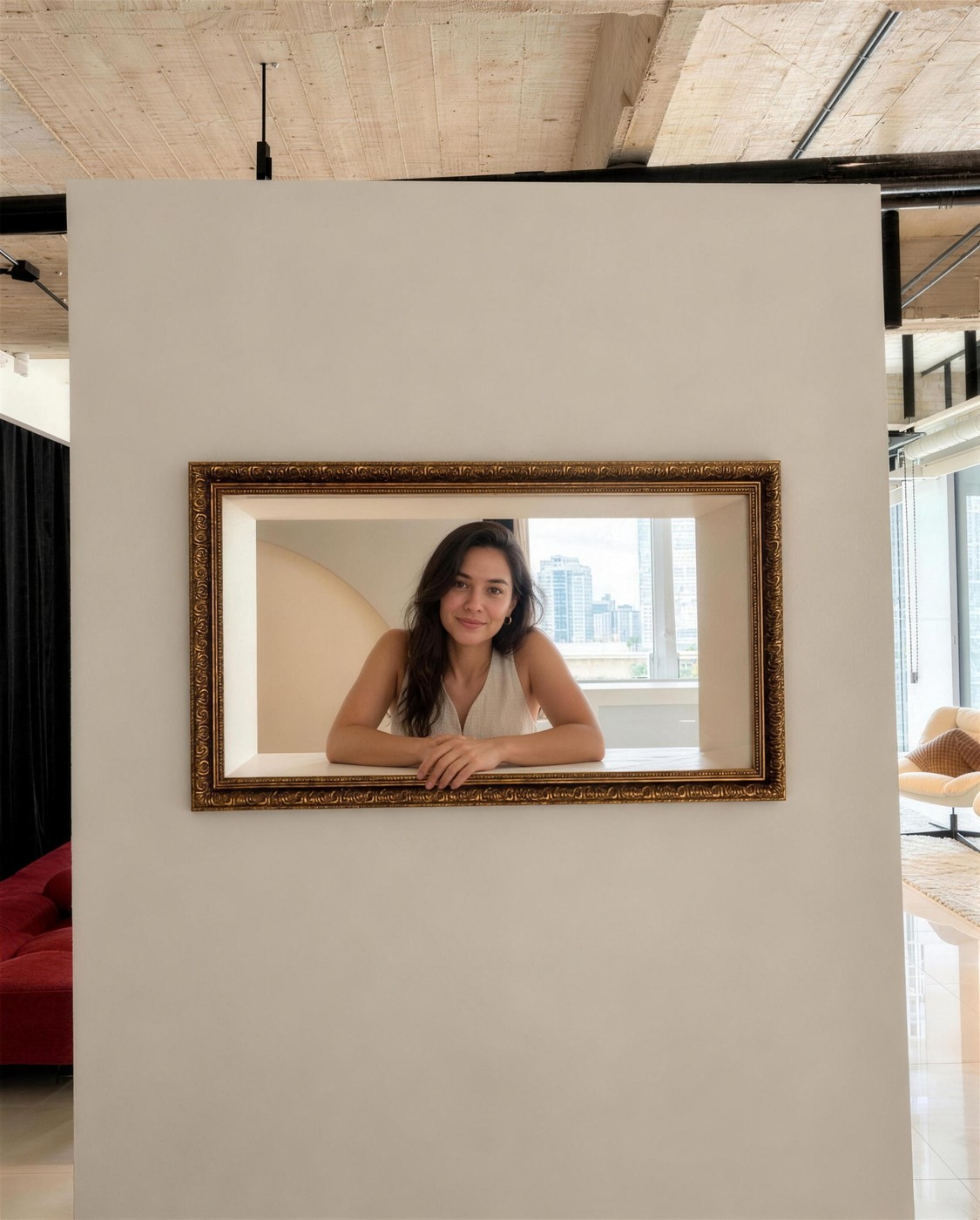 Marco dorado ornamentado sobre un muro blanco, con una mujer asomada a la ventana del marco y la ciudad al fondo